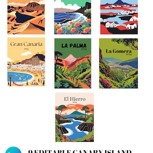 May include: A set of nine colourful travel posters featuring illustrations of the Canary Islands. Each poster includes the name of the island, the year 2024, and a unique illustration of the island's landscape.