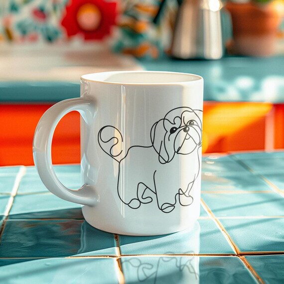 Shichon Line Art Coffee Mug, Cute Dog Lover Gift, 15 Oz Tea Cup