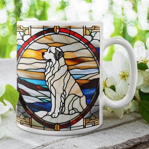 Great Pyrenees Stained Glass Art Mug, Artistic Coffee Cup, Gift for Writers, Home Decor, Fantasy Tea Mug, Mother and Father&#39;s Day Gift