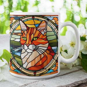Orange Tabby Stained Glass Art Cat Mug, Cozy Coffee Cup, Cat Lover Gift, Colorful Kitchenware, 11oz/15oz Ceramic Mug, Unique Home Decor
