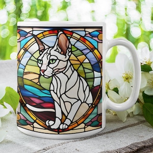 Sphynx Stained Glass Art Cat Ceramic Mug, Artistic Cat Mug, Unique Coffee Cup, Gift for Cat Lovers, Cozy Home Decor, 11oz & 15oz