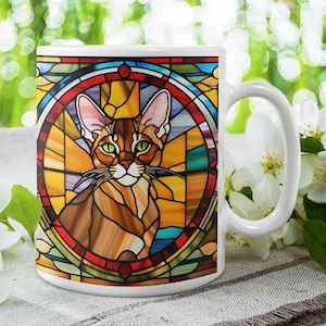 Abyssinian Stained Glass Art Cat Mug, Perfect for Cat Lovers, Unique Gift for Birthdays, Home Decor, Morning Coffee, Pet Enthusiasts