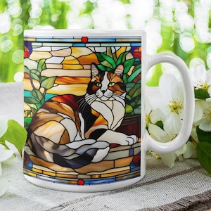Calico Stained Glass Cat Mug, Colorful Cat Ceramic Coffee Cup, Pet Lover Gift, Cozy Home Decor, Cat Mom Gift, Unique Kitchenware