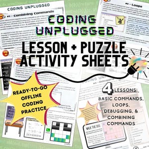 Puede incluir: Hojas de actividades educativas para codificación, tituladas "Coding Unplugged". Las hojas incluyen lecciones sobre comandos básicos, bucles, depuración y combinación de comandos. El diseño incorpora una estrella con el texto "Ready-to-Go Offline Coding Practice".