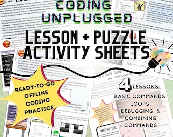 Offline Coding LESSONS&PUZZLES  Middle School-Commands Debugging Loops worksheets pencil+paper algorithms pixel art w/computer science terms