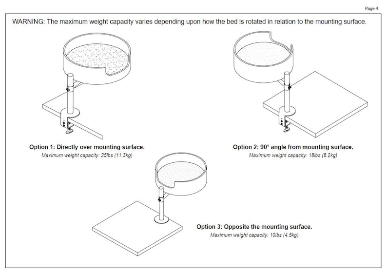 Puede incluir: Diagrama que ilustra tres opciones de montaje para una cama, cada una con una capacidad de peso m&aacute;xima diferente. Opci&oacute;n 1: 11,3 kg, Opci&oacute;n 2: 8,2 kg y Opci&oacute;n 3: 4,5 kg. El texto advierte sobre variaciones de capacidad.