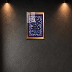 Royal Blue Iznik Tile Glass Art, Ottoman Ceramic Pattern Tempered Glass Decor
