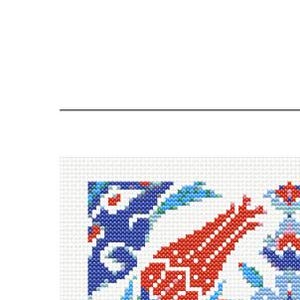 May include: Close-up of a cross-stitch pattern featuring a floral design. The design includes red, blue, and white elements, with a prominent red tulip shape. The background is a white grid, typical of cross-stitch projects.