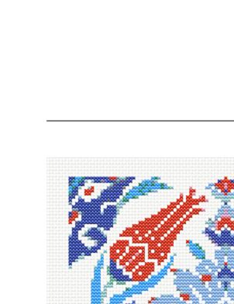 May include: Close-up of a cross-stitch pattern featuring a floral design. The design includes red, blue, and white elements, with a prominent red tulip shape. The background is a white grid, typical of cross-stitch projects.