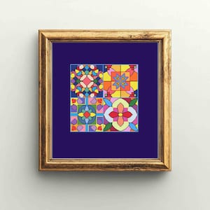 May include: A framed artwork featuring four colorful, geometric floral designs. The artwork is set against a dark blue background and framed in a gold-colored frame. The designs use a variety of colors, including pink, yellow, green, and blue.