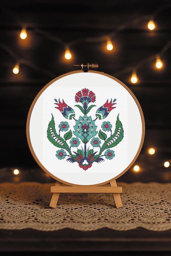 イズニック花柄クロスステッチパターン：トルコタイル刺繍、DIY