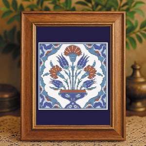 May include: A framed artwork featuring a floral design in a vase. The artwork has a white background with blue, orange, and red floral elements. The frame is made of wood and is displayed on a wooden surface.