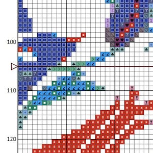 May include: A cross-stitch pattern chart with a grid background. The design features a blue bird-like shape, a red shape, and green and blue accents. The chart includes symbols and numbers for stitch placement.
