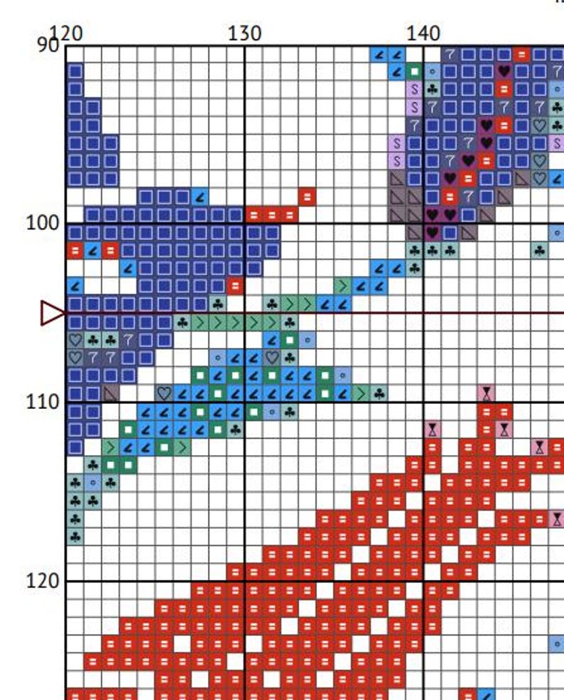 May include: A cross-stitch pattern chart with a grid background. The design features a blue bird-like shape, a red shape, and green and blue accents. The chart includes symbols and numbers for stitch placement.