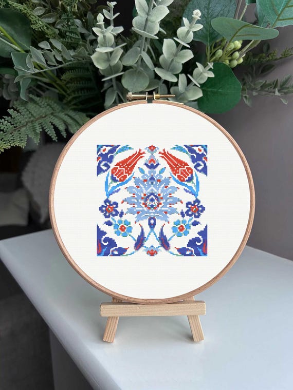 Iznik Tile Cross Stitch Pattern | Anatolian Floral Motif | Turkish Ceramic Inspired Embroidery | PDF Download