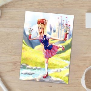Puede incluir: Ilustración colorida de una persona con uniforme escolar equilibrando libros en la cabeza y sosteniendo macetas. Un castillo y un paisaje se ven al fondo. La persona está sobre una pierna.