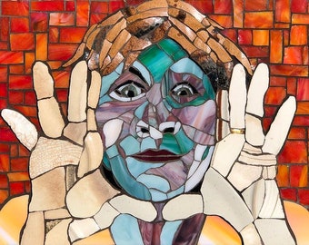 Mosaic Portrait - Original stained glass portrait  - Original Art - Up-cycled dishes art - Fine Art Mosaic - whimsical face - hands and face