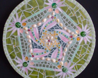 Mosaic Mandala, Wall hanging, Abstract art, Green & Pink Mandala,  interior or exterior, round decorative art, shells, stained glass