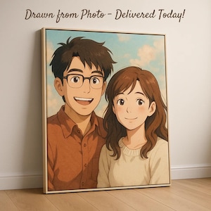 Puede incluir: Retrato enmarcado de estilo anime de una pareja sonriente. El hombre lleva gafas y una camisa color óxido, mientras que la mujer tiene el pelo castaño y un suéter blanco. La obra de arte está ambientada sobre un fondo de cielo e incluye el texto "Drawn from Photo - Delivered Today!"
