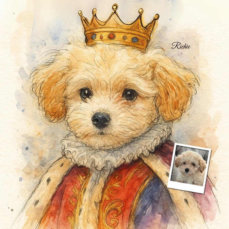 May include: Watercolor portrait of a fluffy, light brown dog wearing a gold crown and royal attire. The dog has a regal collar and a red and gold robe. A small photo of the dog is in the lower right corner. The name "Richie" is written in the upper right.