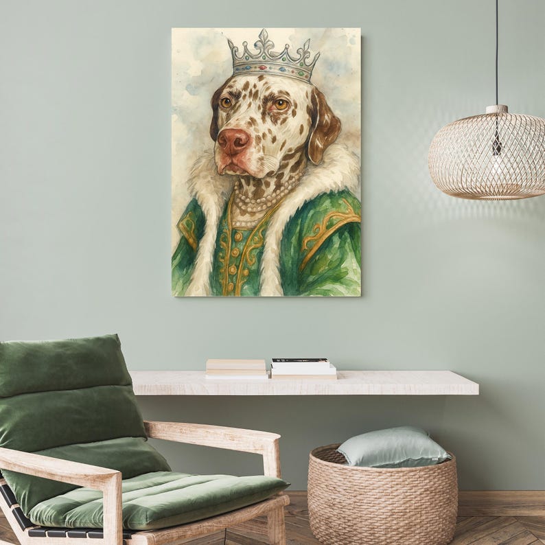May include: Watercolor painting of a Dalmatian dog wearing a crown, pearl necklace, and green and gold royal attire. The dog has brown spots and is set against a soft, watercolor background. The artwork is displayed on a wall.