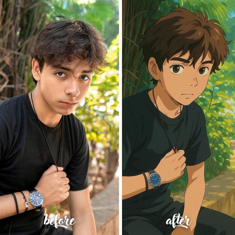 Op de afbeelding: Een zij-aan-zij vergelijking van een persoon en een geanimeerd personage. De persoon draagt een zwart T-shirt, een zwart horloge met een blauwe wijzerplaat en een zwarte ketting. Het geanimeerde personage draagt een zwart T-shirt, een zwart horloge met een blauwe wijzerplaat en een zwarte ketting. De tekst "voor" staat onder de persoon en de tekst "na" staat onder het geanimeerde personage.