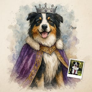 May include: Watercolor illustration of a dog wearing a crown and purple cape with gold trim. The dog has black, white, and brown fur and a happy expression. A small photo of the dog is in the bottom right corner. The artist's signature is in the image.