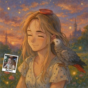 Może przedstawiać: Ilustracja uśmiechniętej osoby z długimi blond włosami, małym czerwonym przedmiotem na głowie i szarą papugą siedzącą na ramieniu. Tło przedstawia zachód słońca i małe zdjęcie ze słowem "Before".