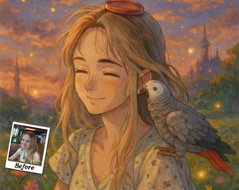Portrait dessiné à la main de style Ghibli à partir d'une photo | Art inspiré de Miyazaki personnalisé | Illustration animée | Cadeau unique | Numérique, poster ou toile