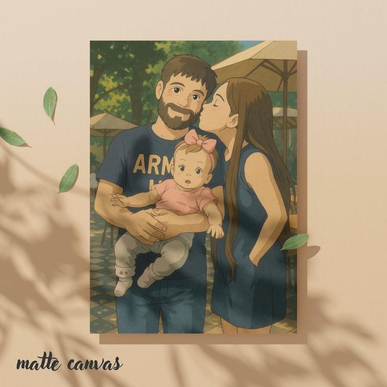 Op de afbeelding: Een digitale illustratie van een familieportret. Een man met een baard en een blauw shirt houdt een babymeisje vast dat een roze jurk draagt. Een vrouw met lang bruin haar kust de man op de wang. De achtergrond is een groen park met bomen en een caf&eacute;.