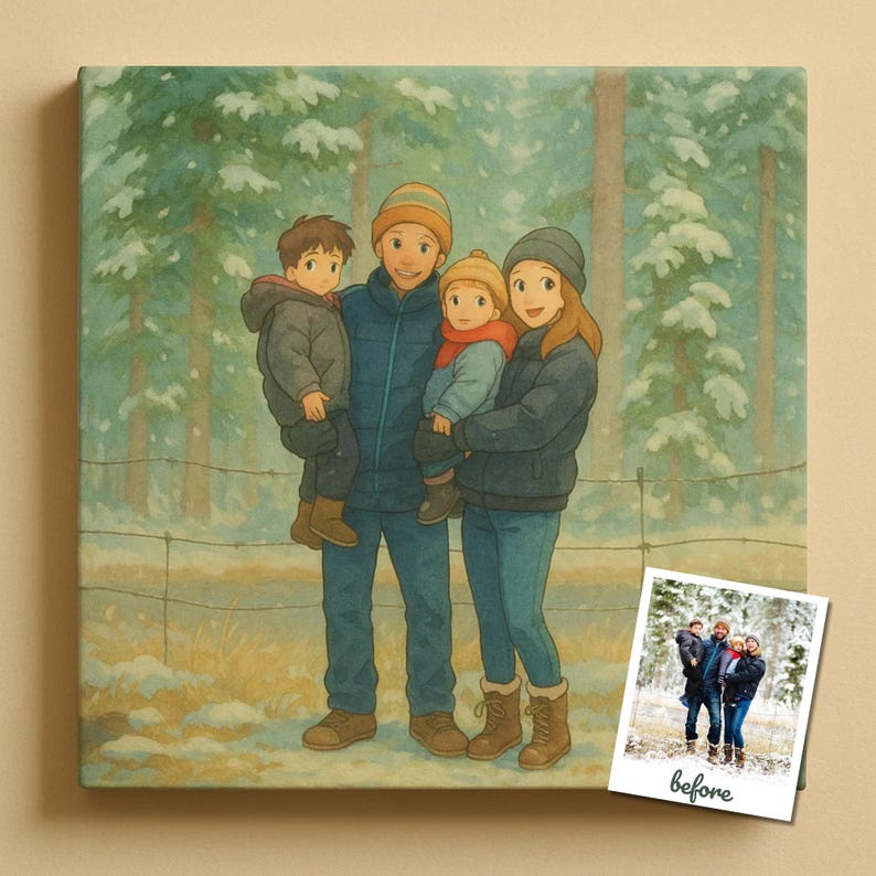 Op de afbeelding: Een schilderij van een gezin van vier dat in een besneeuwd bos staat. Het gezin draagt winterkleding en glimlacht. Het schilderij is in een rustieke stijl en heeft een warme, uitnodigende sfeer.