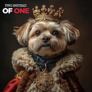 May include: A small, brown and white dog wearing a gold crown, a red and gold robe, and a gold medallion with a crest. The dog is looking directly at the camera. The text "TWO INSTEAD OF ONE" is written in red letters above the dog's head.