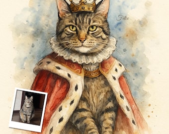 Custom Royal Pet Portrait from Photo | Hand-Painted Watercolor Dog & Cat Artwork | Personalized Pet Painting on Canvas or Print