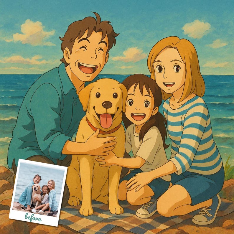 Op de afbeelding: Een gezin van vier, inclusief een hond, poseert voor een foto op een strand. De vader houdt een gele Labrador Retriever vast, terwijl de moeder en dochter op het zand zitten. Het gezin glimlacht en lijkt gelukkig. De foto is in vintage stijl, met een vervaagde kleurenpalet en een textuur achtergrond.