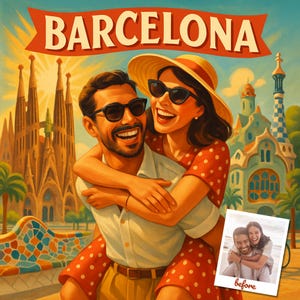 Pôster de viagem personalizado em estilo vintage – Ilustração inspirada no estilo retrô a partir da sua foto – Paisagem urbana nostálgica personalizada