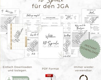 JGA Spiele Set für Frauen & Männer, 10 JGA Spiele, Junggesellenabschied Spiel, Junggesellinnenabschied Spiel, Vorlage in DIN A4