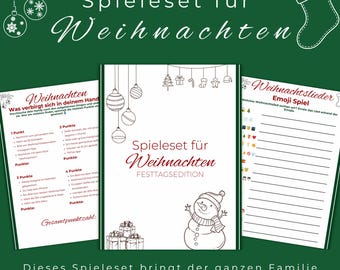 May include: A Christmas game set with three printable game cards. The cards feature a snowman, Christmas ornaments, and a list of Christmas songs. The text on the cards reads "Spieleset für Weihnachten" which translates to "Game set for Christmas".