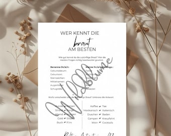 JGA Spiel: Wer kennt die Braut am besten? Quiz für den Junggesellinnenabschied, Hochzeitsspiel für Gäste