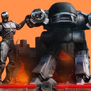 Könnte beinhalten: Digitales Bild mit einem Cyborg und einem großen Roboter, beide in metallischer Rüstung, vor einem orangefarbenen Hintergrund. Der Cyborg hält eine Waffe, und der Roboter hat große Kanonen. Flammen und eine Stadtlandschaft sind ebenfalls zu sehen.