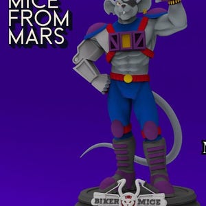 May include: A gray, muscular, anthropomorphic mouse wearing a blue, red, and purple costume with a black eyepatch. The mouse is standing on a black base with a red, white, and black logo that reads "Biker Mice From Mars".