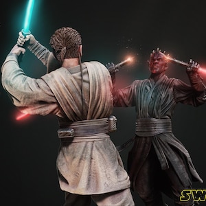 以下が含まれることがあります： 1/6スケールのレジンとFDMで印刷された、ジェダイ・ナイトとシス卿のフィギュア。ジェダイ・ナイトはタン色のローブを着て、青いライトセーバーを振るっている。シス卿は黒いローブを着て、赤いライトセーバーを振るっている。フィギュアはダイナミックな戦闘姿勢でポーズをとっている。