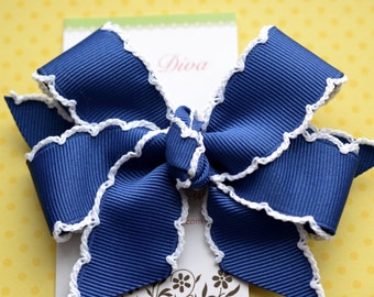 Dark Royal Blue with White Crochet Edge Classic Diva Bow