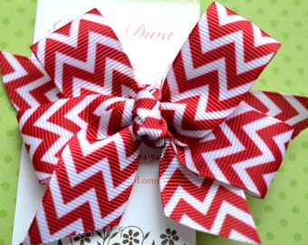 Deep Red and White Chevron Classic Diva Bow