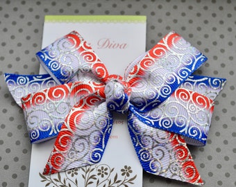 Red, White, and Blue Ombre with Silver Swirls Classic Diva Bow