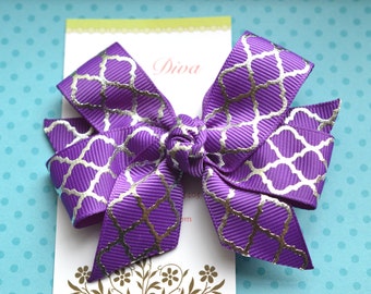 Purple with Silver Quatrefoil Classic Diva Bow