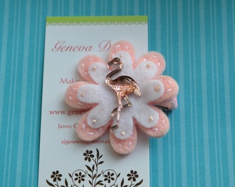 Pink Rhinestone Flamingo Handstitched Felt Flower Hairclip