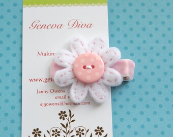 Light Pink and White Polka Dot Felt Flower Clip