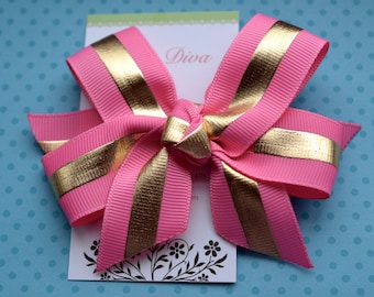 Pink with Golden Stripe Classic Diva Bow