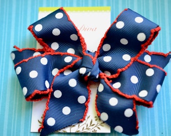 Navy Dot with Red Crochet Edge Classic Diva Bow