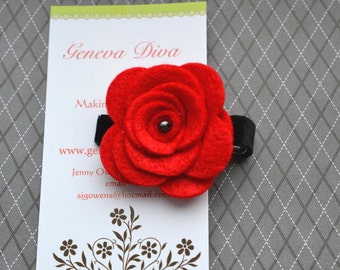 Red Felt Rosette Flower Clip with Black accents